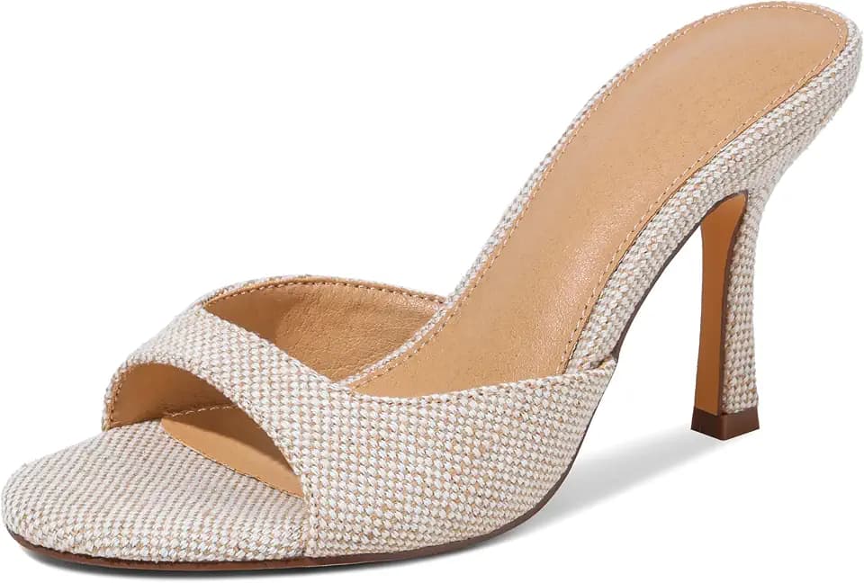 EQAUDES High Heels Mules for Women Summer Sandals Open Toe Slip on Stiletto Heels for Women Round Toe Raffia Heeled Sandals Comfortable Dress Shoes