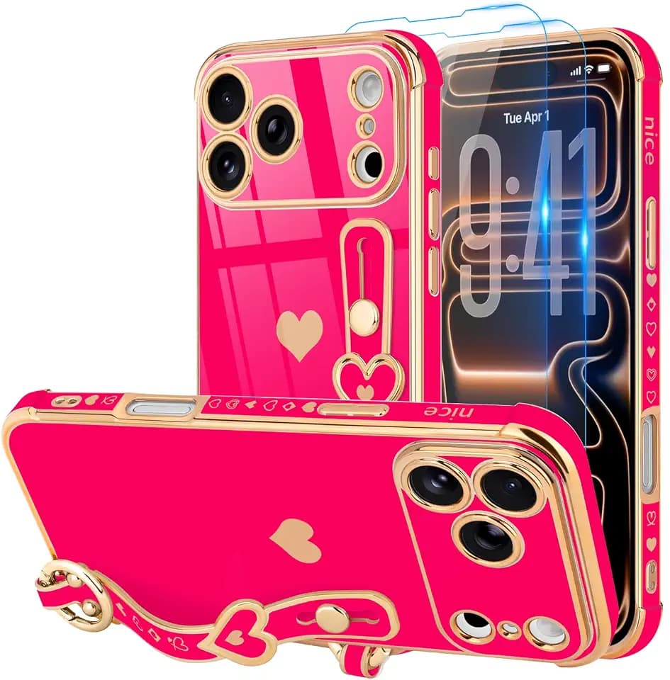 LLZ.COQUE for iPhone 17 Pro Max Case with Strap Stand, Hot Pink