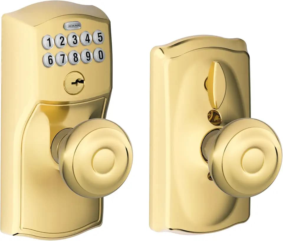 Schlage Electronic Keypad Lock with Knob, Camelot Trim, Bright Brass