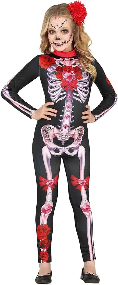 FIESTAS GUIRCA La Catrina Kostüm – Langer Overall mit Skelettdruck, Blumen und Schmuck für Mädchen