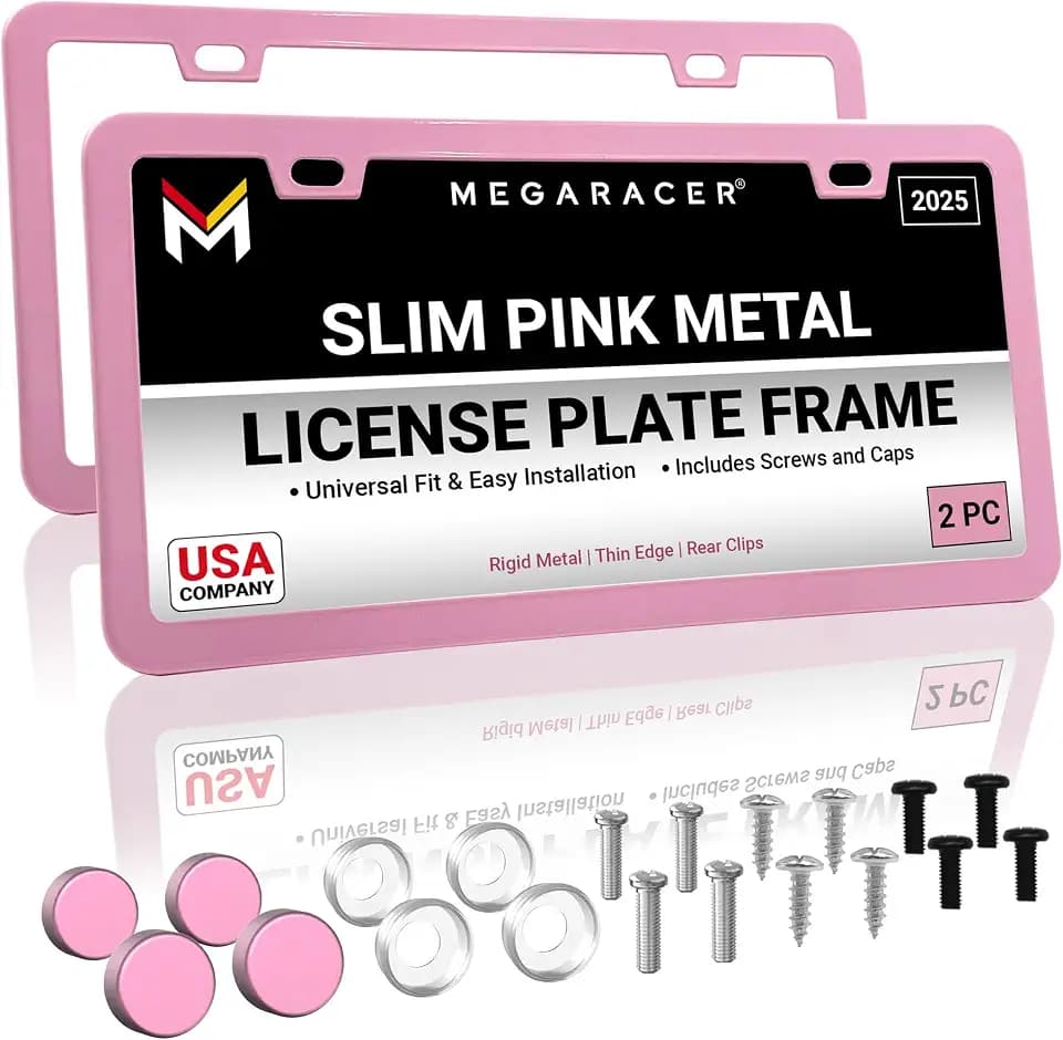 Premium Slim Princess Pink License Plate Frames, 2 Pack, Thin Edge, Metal