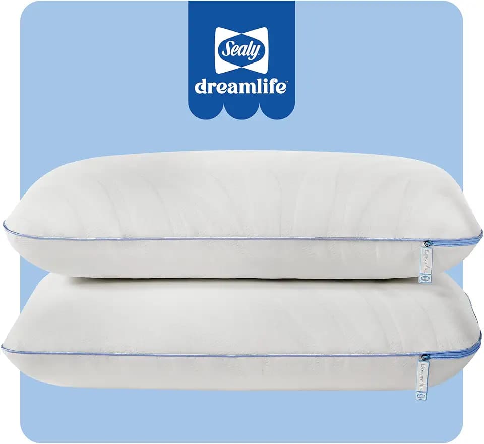 Sealy Dreamlife Queen Size Memory Foam Cooling Pillow with Surface Guard Technology, Removable Machine-Washable Cover, 1 Year Limited Warranty, White (2 Pack)
