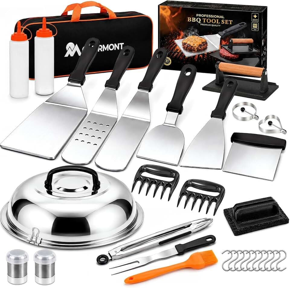 OVERMONT Grillbesteck Set 31-teilig Edelstahl Grillspachtel - Smash Burger Geschenkset mit Grillspachtel Burgerpresse - für Indoor und Outdoor Küche BBQ