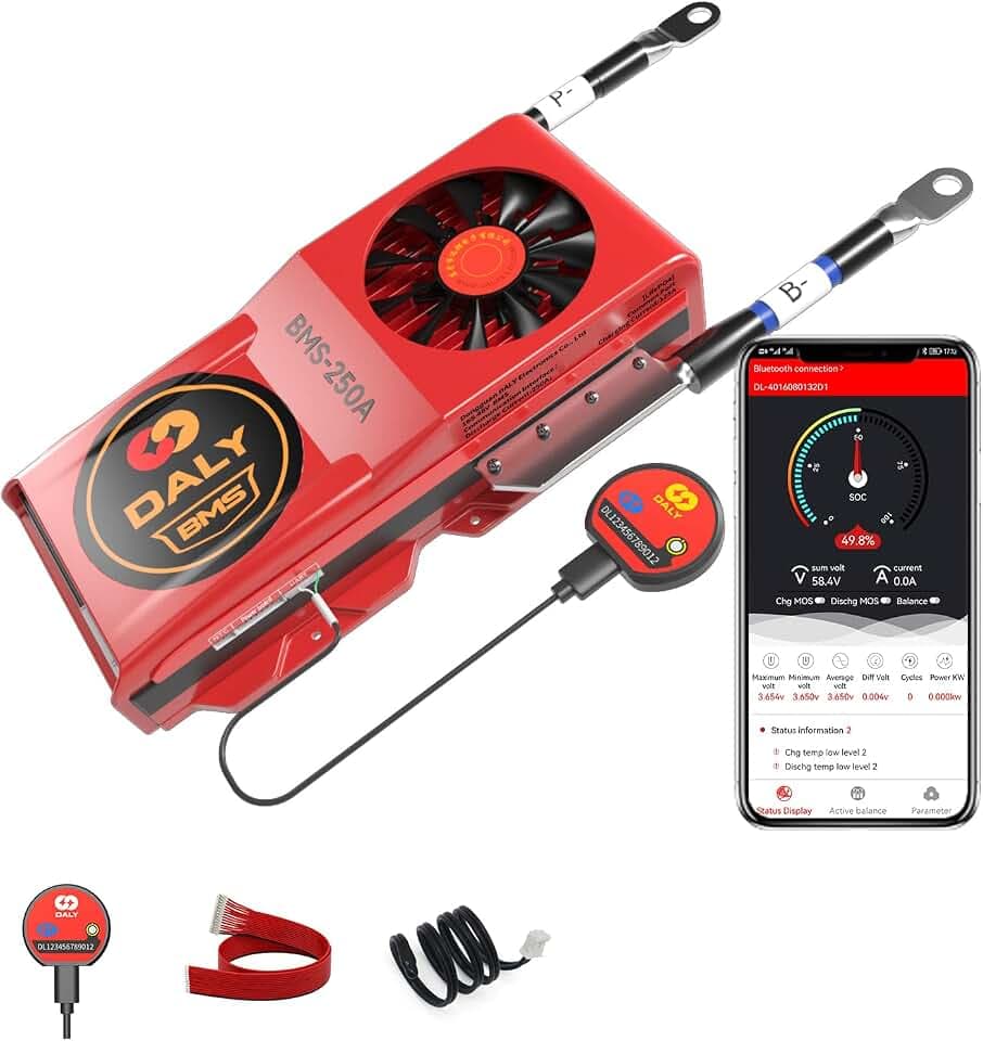 DALY Smart BMS LiFePo4 16S 48V 250A mit Lüfter, mit App zur Überwachung sichtbarer Daten, Bluetooth-Modul, UART-Kommunikation für die Verwaltung von 3,2-V-Lithiumbatterien