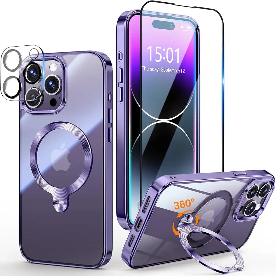 [Tri-Shield Protection] for iPhone 14 Pro Max Case with 360° Spin Stand Compatible with MagSafe [Magnetic CD Ring][Screen & Camera Lens Protector]Shockproof Plating Never-Yellowing, Purple-6.7"