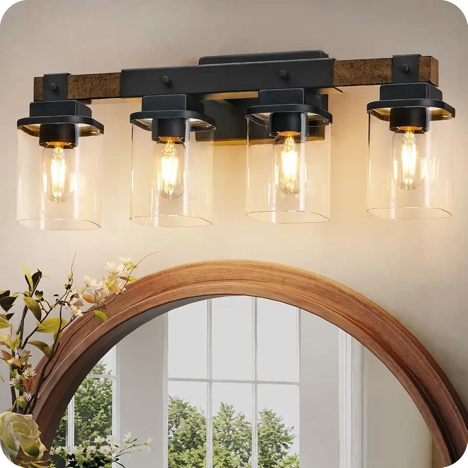 4-Light Bathroom Light Fixtures, Farmhouse Vanity Lights for Bathroom with Glass Square Shade, Rustic Vanity Lights, Sconce Wall Light, E26 Base (Bulbs Not Included), ETL Listed FS09BD05