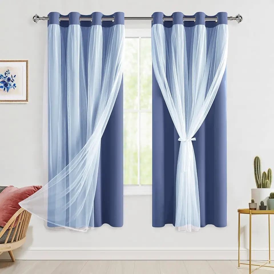 Hiasan Blackout Curtains with Sheer Overlay, Blue Haze, 52W X 63L, 2pcs