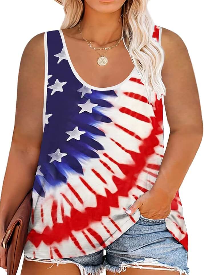 HDLTE Plus Size American Flag Tank Tops Women 4th of July Sleeveless Shirt Patriotic Stars Stripes Racerback Vest