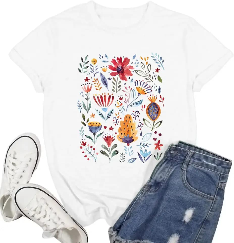 Women Wildflower Shirt Floral T-Shirts Garden Lover Tee Tops Wild Flowers Shirts, Large, White