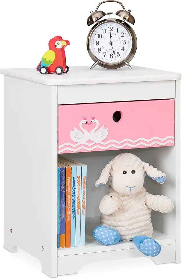 Relaxdays Nachttisch Kinder, Schwan-Design, Schublade & Staufach, weiß/rosa