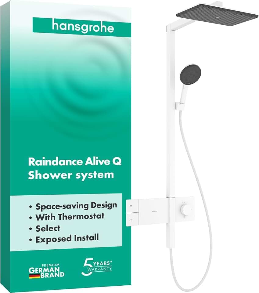 hansgrohe Raindance Alive Q - Duschsystem mit Thermostat, Regendusche (340 x 210 mm) mit Armatur, Handbrause (3 Strahlarten inkl. PowderRain), Schlauch, Brausestange und Kopfbrause, Mattweiß, 24580700