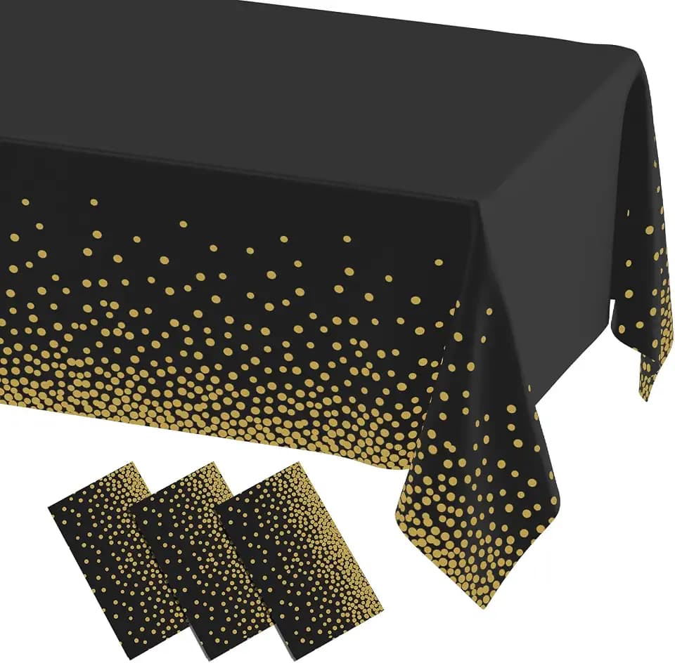 misaya 3 Packs Disposable Plastic Table Cloth, Gold Dots in Black