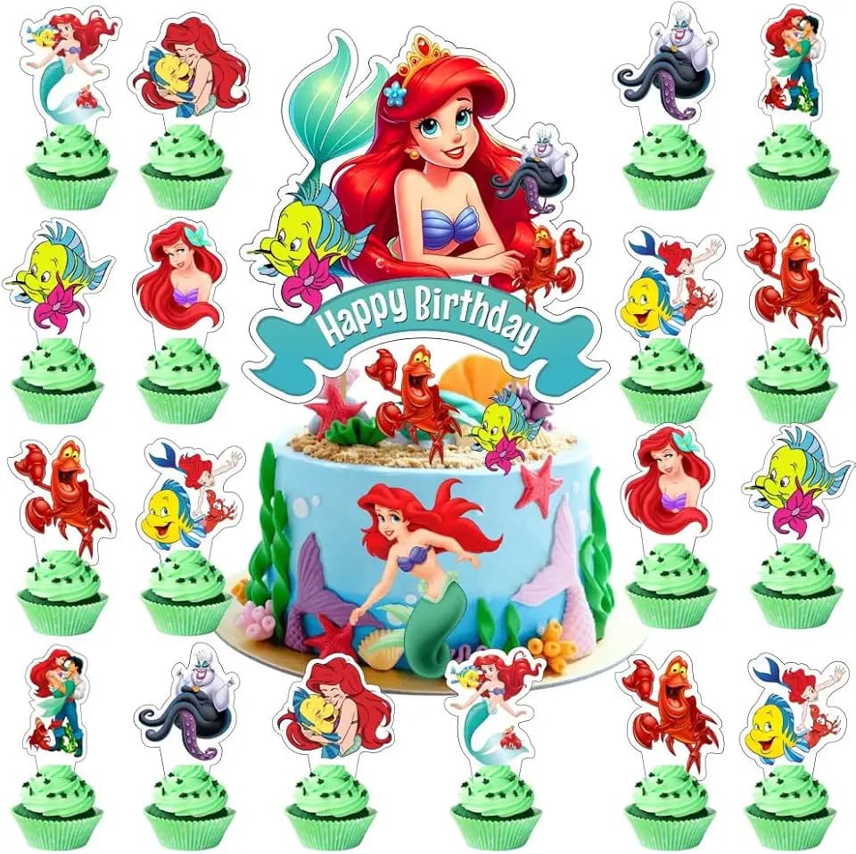25Pcs Mermaid Cake Decorations with 24pcs Cupcake Toppers 1pcs Cake Topper for Girls Birthday Party Supplies