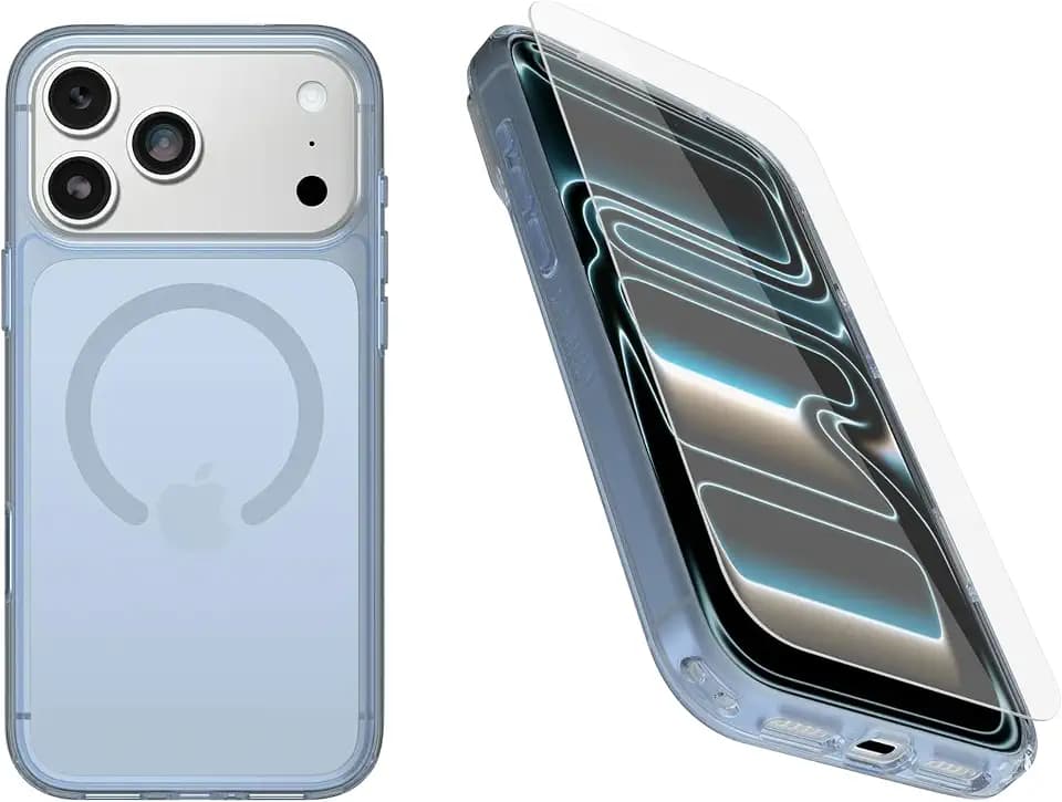 OtterBox iPhone 18 Pro Max & iPhone 17 Pro Max (Only) Bundle: Symmetry Series+ Case & Screen Protector - Blue Bliss - Snaps to MagSafe - Ultra-Sleek - Raised Edges Protect Camera & Screen - Non-Retail
