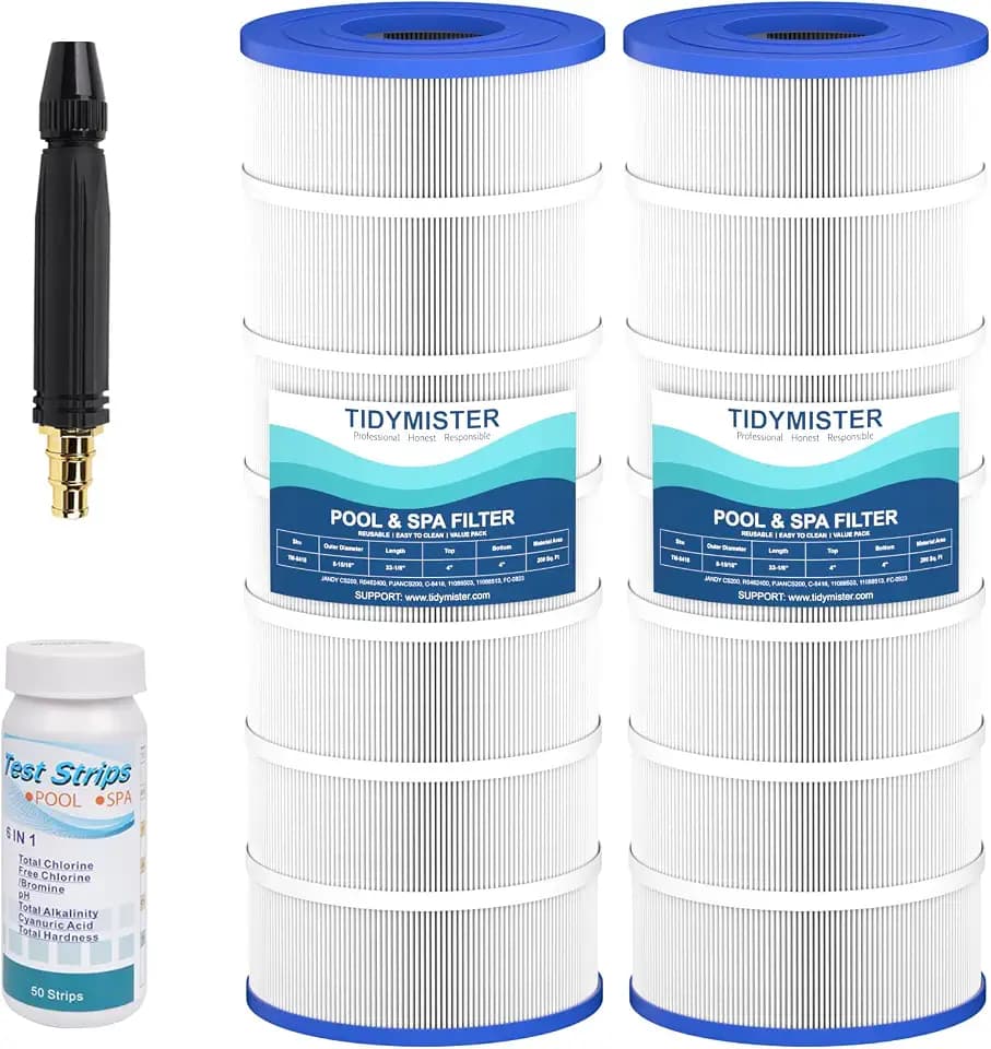 TidyMister PA200 Jandy CS200 Pool Filter Cartridge Replacement, Compatible with R0462400, PJANCS200, C-8418, FC-0823, 200 sq.ft, 2 Pack with Test Strips & Hose Spray Nozzle