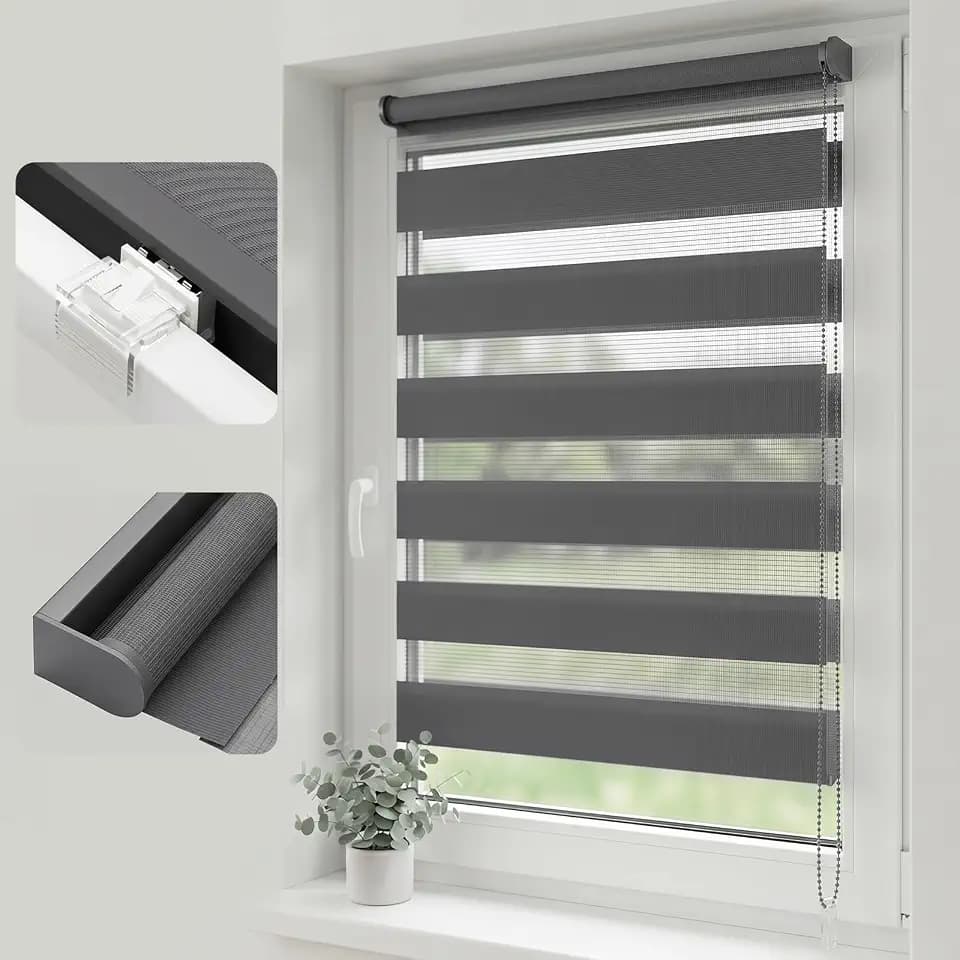 SALCAR Doppelrollo Klemmfix ohne Bohren, Duo Rollo & Zebra Rollo für Fenster, Stufenloser Sicht- und Sonnenschutz, mit Oberschiene & Metallkern-Klemmen,Grau, B 40 x H 130 cm