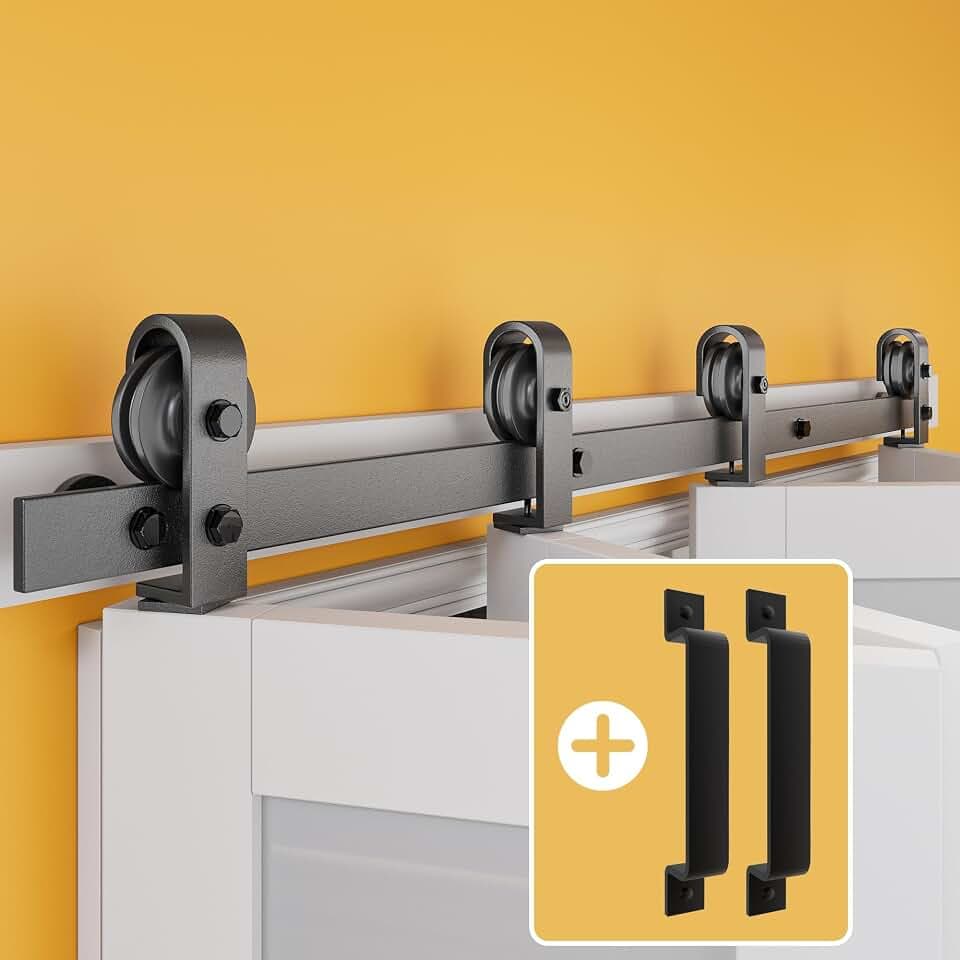 64" Bifold Barn Door Hardware Kit for Four 15" Doors, Heavy Duty 5.3FT Bi Fold Barn Door Hardware Kit, Top Mount Roller, Slide Smoothly Quietly (2 Handles As Gifts, NO Door)