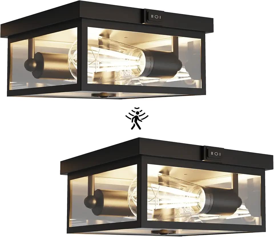 Outdoor Ceiling Light with Motion Sensor 8.5In, 2Pack Flush Mount Porch Light, Exterior Light Fixture with Clear Glass, Dusk to Dawn 2-Light Fixture for Patio,Porch