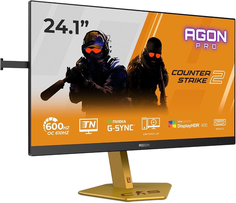 AOC CS24A 24 Zoll FHD USB Hub Gaming Monitor, 610Hz, TN Esports Panel, 0.5ms GtG, HDR400, G-Sync Compatible, Höhenverstellung,(1920x1080 HDMI 2X 2.1 DP 1x 1.4) Schwarz/Orange