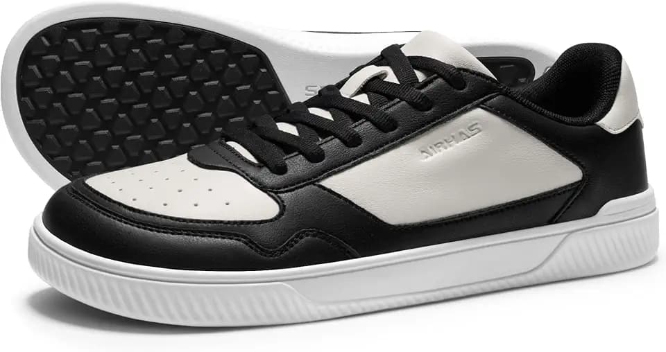 AIRHAS Men's Barefoot Shoes | Wide Toe Box Minimalist Sneakers | Vegan Leather Zero Drop Casual Walking Shoes(Black/White 8.5W)