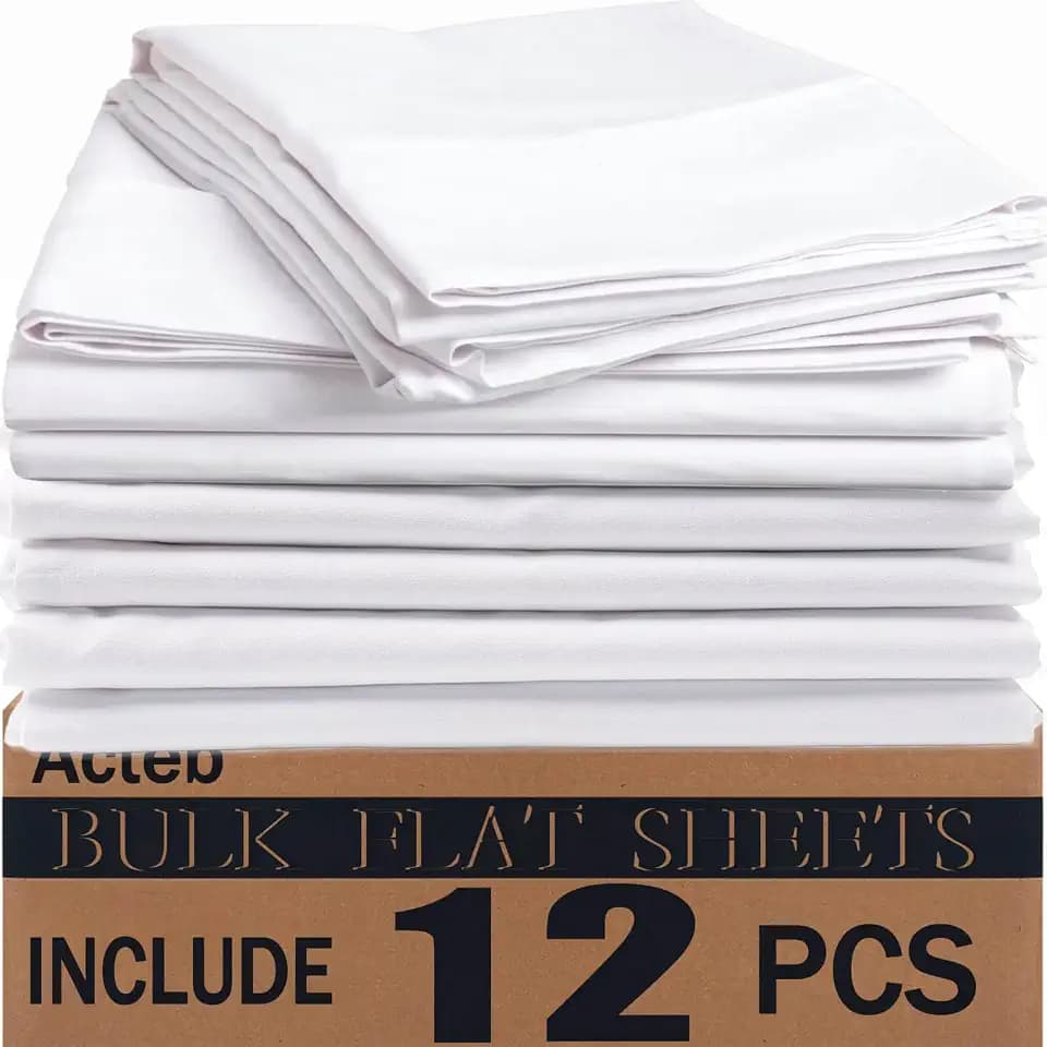 Bulk Queen Flat Sheets Only 12 Pack Basic White Bed Top Line Flat Sheet Soft Breathable Color Coded Hem Threads for Hotel Bedding Wholesale 90x102 inches