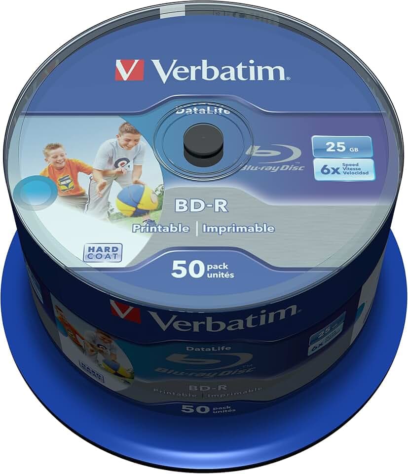 Verbatim BD-R SL Datalife, Blu-Ray-Disk 25 GB - 6-fache Brenngeschwindigkeit - Groß bedruckbar - Kratzschutz, 50 Stück Spindel