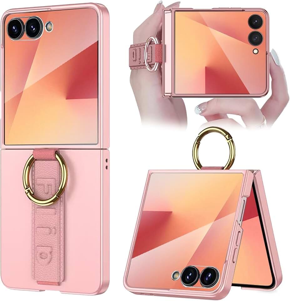 NINKI Finger Holder for Samsung Galaxy Z Flip 7 Case with Hand Strap & Ring,Cute Grip Loop Cases for Samsung Flip 7 Phone Case with Camera Screen Protector,Galaxy Z Flip 7 Phone Cover Women Girls Pink