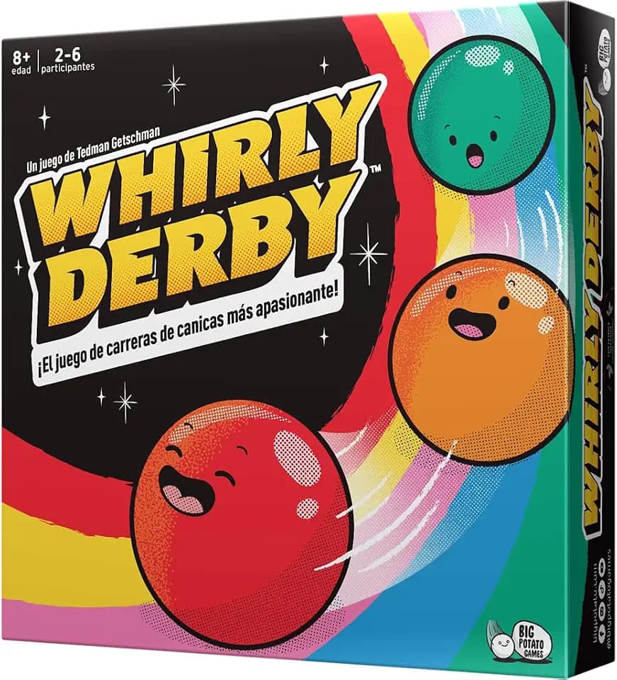 Big Potato Games Whirly Derby, das aufregendste Murmelrennenspiel, Brettspiel, ab 8 Jahren, 2 bis 6 Spieler, 30 Minuten pro Spiel, Spanisch