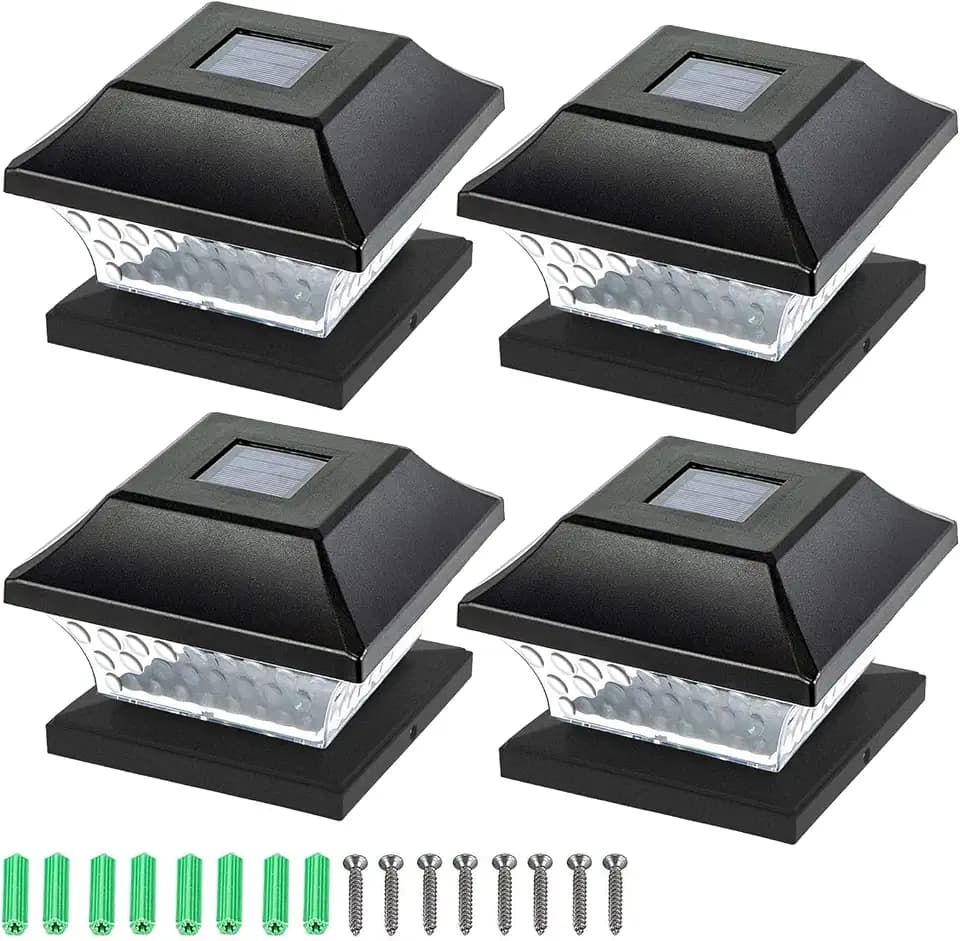 SUNWIND Solar Post Cap Lights Outdoor - 4 Pack LED Fence Lights for 4X4 & 5X5 Wooden Posts Warm White Waterproof for Deck, Patio or Garden Decoration (Black)
