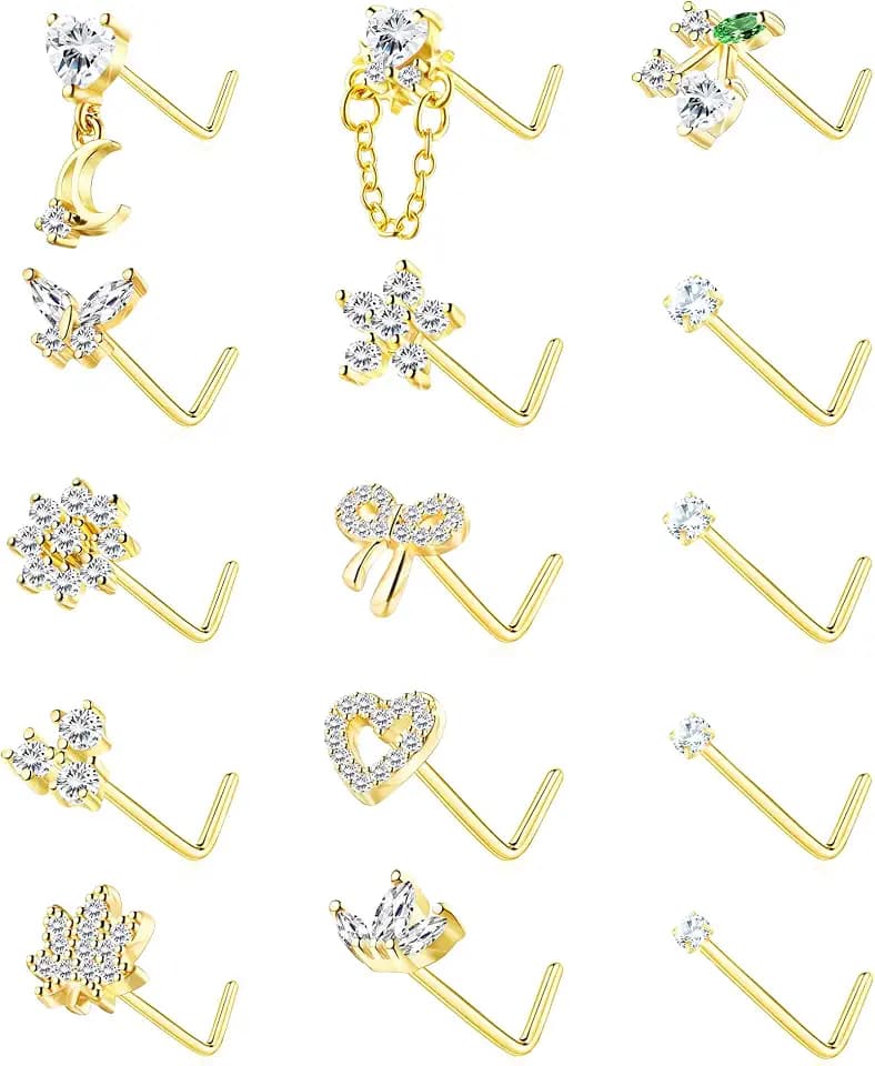 BSJ4U Nose Rings L Shaped for Women Nose Piercings 20G Surgical Stainless Steel Nose Studs CZ Heart Butterfly Flower Cherry Bow Moon Dangle Nose Piercing Jewelry