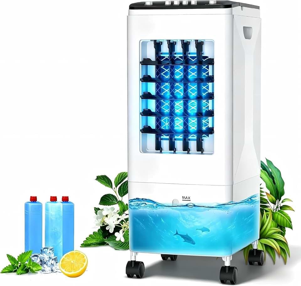 Mobile Klimaanlage 3-in-1 Luftkühler, 6L Wassertank, 3 Kühlakkus, 60W Energiesparend, 35dB Leise, 60° Oszillation, 3 Geschwindigkeiten, Luftbefeuchter, Ventilator, Für Zuhause, Büro