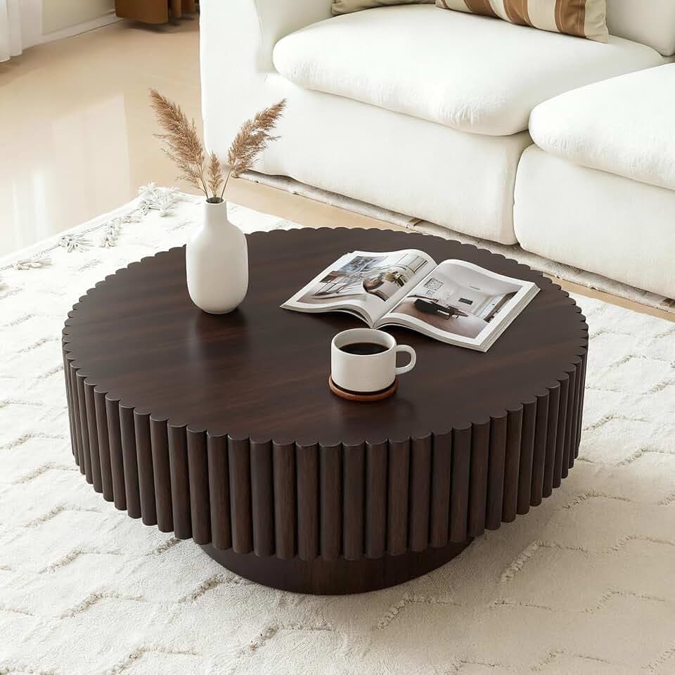 Rovibek Fluted Round Coffee Table, 31.5" Modern Wooden Coffee Table with Fluted Base, Circle Accent Center Table for Living Room Apartment Office Small Space, Easy Assembly (Brown)