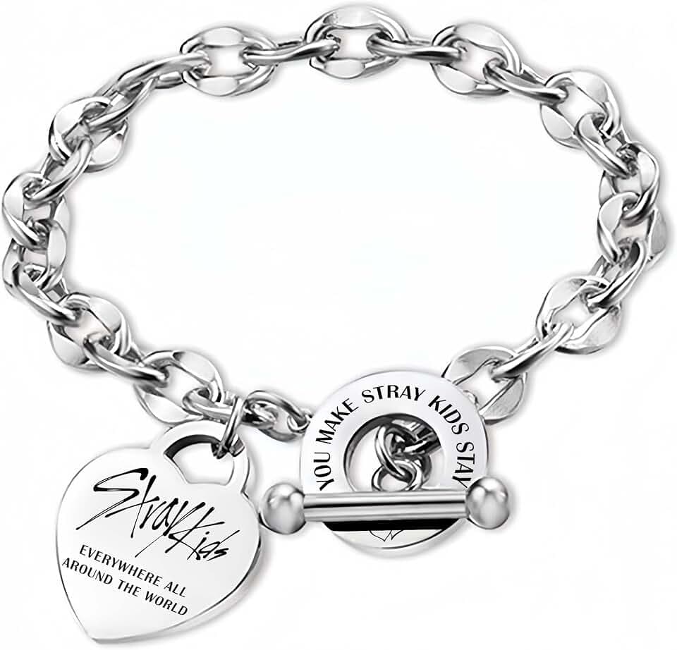SOSAYI Stray Edelstahl Armband, Skzoo Anhänger Armbänder, Stray Unisex Silber Bracelet mit 1 SKZ 3D Aufkleber und 2 SKZ Photocard, Kpop Fanartikel Geschenk für Stay