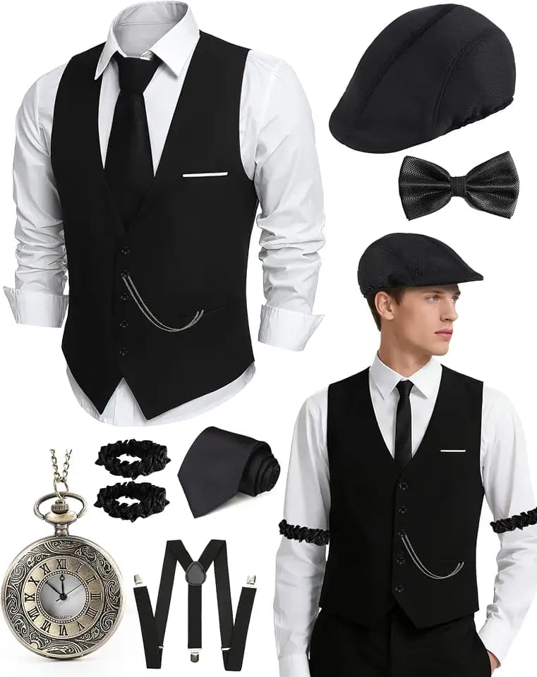 1920s Mens Costume, Roaring 20s Costumes for Men, Fedora Hats for Men 1920S Mens Outfit with Hat, Vest,Pocket Watch