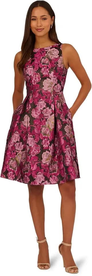 Adrianna Papell Women's Jacquard Envelope Short Dress Pink/Black Multi 4