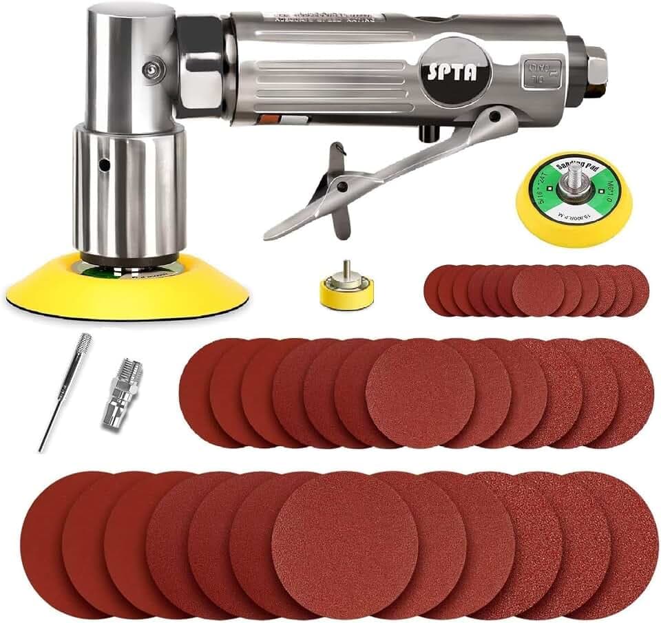 SPTA 80mm Winkelschleifer Mini Druckluft Exzenterschleifer Klett-Schleifteller im Lieferumfang Mit 12tlg 80mm Mix Grit Schleifscheiben -Schleifblätter Schleifpapier