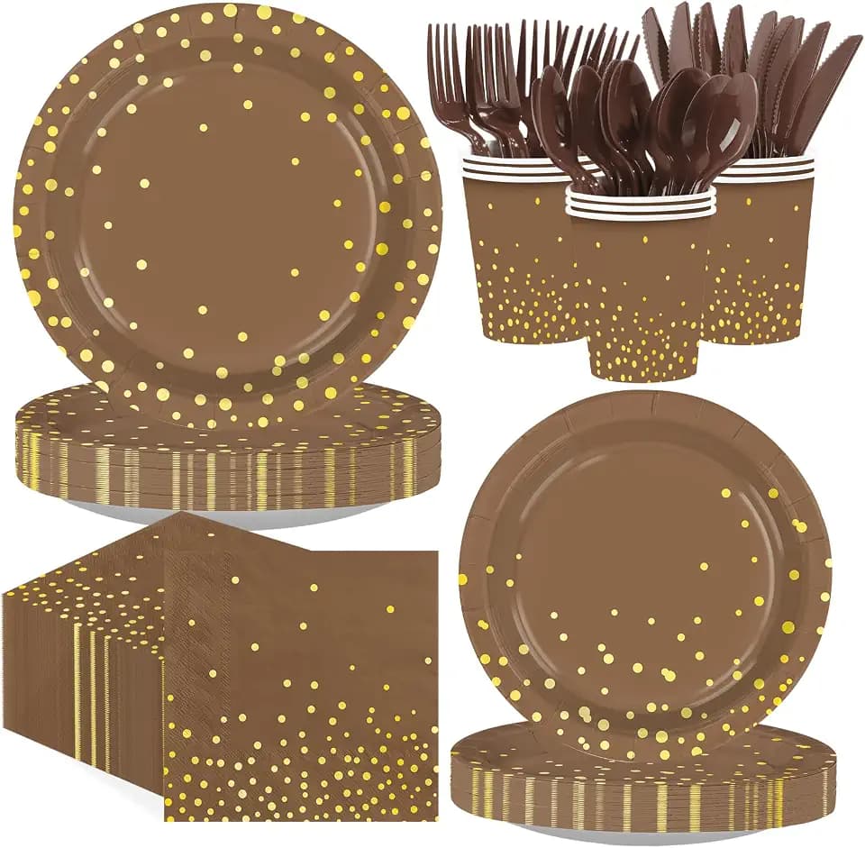 168Pcs Brown and Gold Party Decorations for Birthday Serves 24