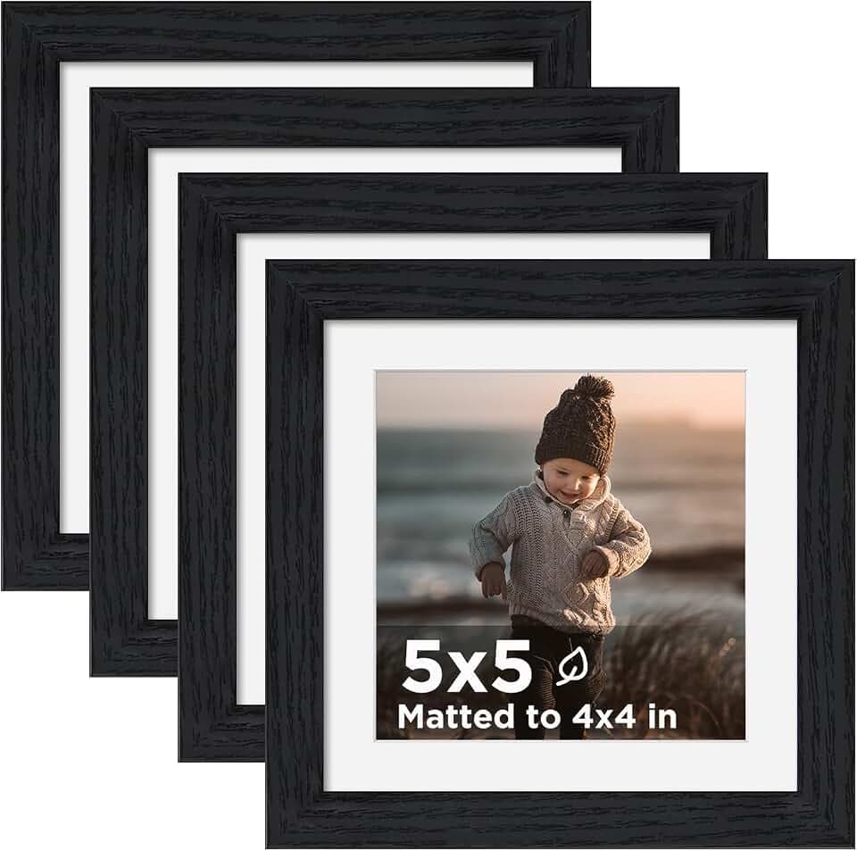 KINLINK 5x5 Frame Black Wood Set of 4 Square Photo Frames Matted 4x4