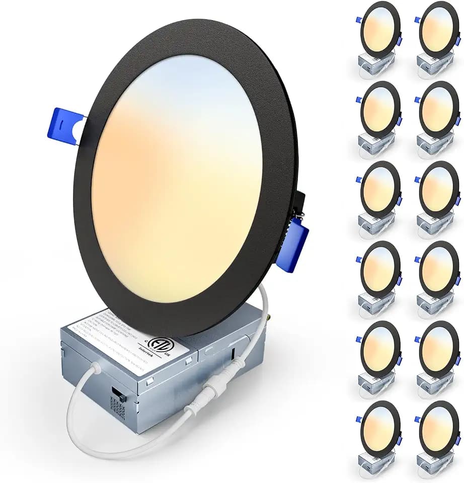12 Pack 6 Inch 5CCT LED Recessed Light, Silm Canless Recessed Lighting, Dimmable, Damp Rated, 2700K-5000K, Wafer Ceiling Downlight with Junction Box, 1200LM, 12W 120V, Black, ETL&FCC