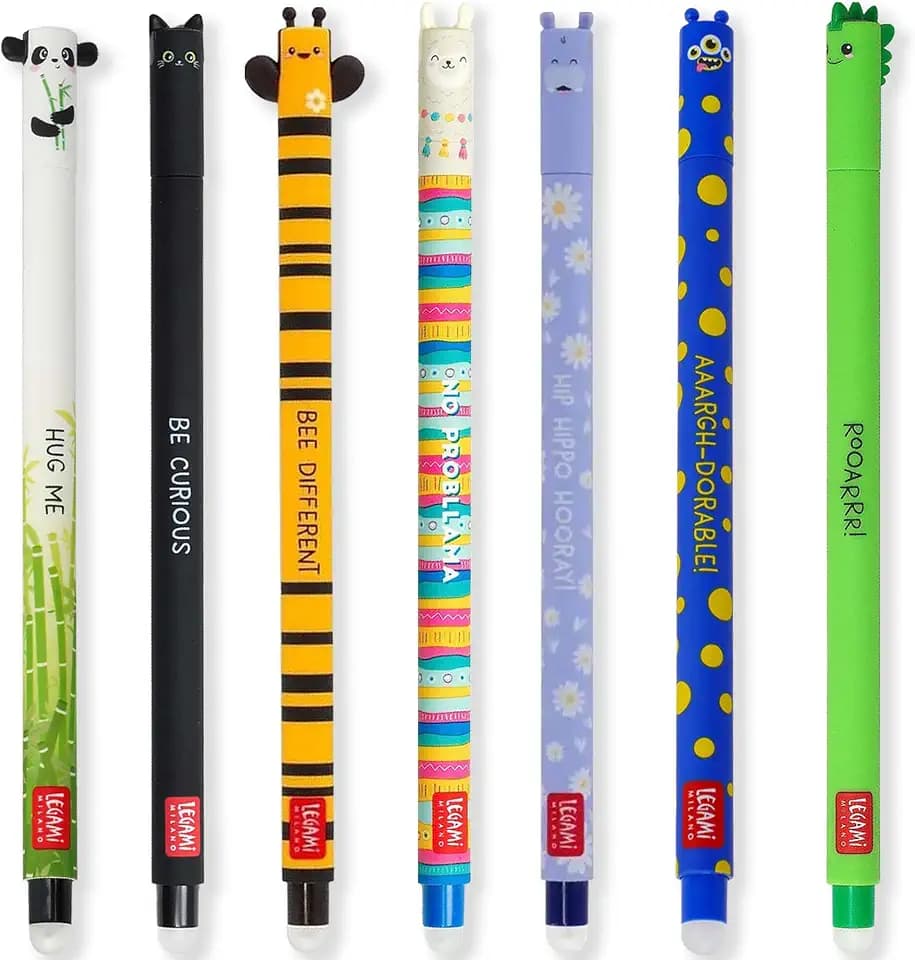 Legami – Set aus 7 radierbaren Gelstiften mit wärmeempfindlicher Tinte, in verschiedenen Farben und mit Motivdesigns, 0,7 mm Spitze, mit Panda, Katze, Biene, Lama, Löwe und mehr