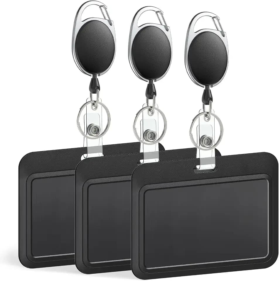 Uniclife 3 Pack Sliding Badge Holder Hard Black Horizontal Plastic Card Case Protector with Retractable Badge Reel Carabiner for Office School ID Credit Proximity Key Card Driver’s License and Pass