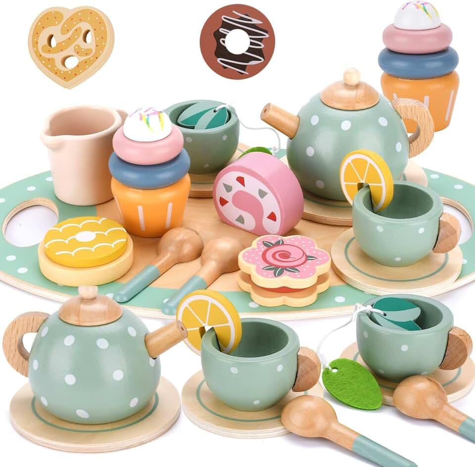 Teeservice Kinderküche Zubehör,Teeservice Kinder Holz Spielküche Zubehör,Holz Teeservices für Kinderküche,Küchenspiele,Teeparty Spielküche Rollenspiele,Geschenk für Kinder Mädchen Jungen