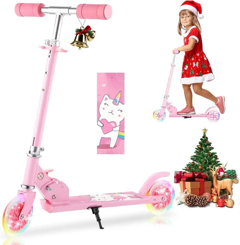 Scooter for Kids Ages 3-12 - Kids Kick Scooters with Led Light Up Wheels & 3 Levels Adjustable Handlebar, Lightweight Foldable 2 Wheel Girly Pink Scooter, Christmas Birthday Gifts for Girls Boys.