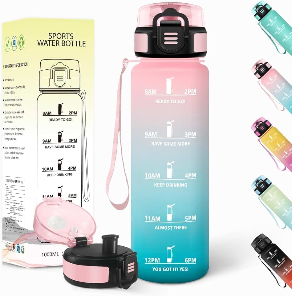 Trinkflasche 1l, Auslaufsicher, Trinkflasche Kohlensäure Geeignet, Mit Zeitstempel, Wasserflasche, Sportflasche, für Yoga, Fahrrad, Fitness, Gym, Rosa-Grün