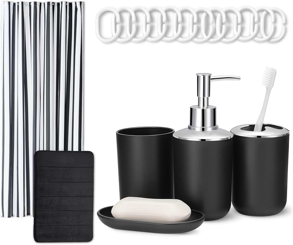 Amazon Basics Badezimmer-Zubehör-Set: Duschvorhang mit Haken, Memory Foam Badteppich, Seifenspender, Seifenschale, Zahnbürstenhalter & Becher, Schwarz