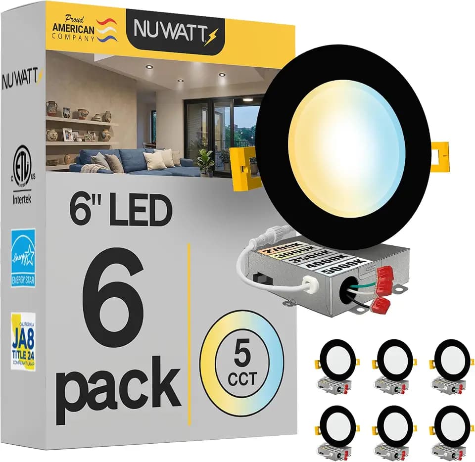NUWATT 6 inch LED Black Recessed Lighting, 5CCT 2700K-5000K, Dimmable, 6 PK
