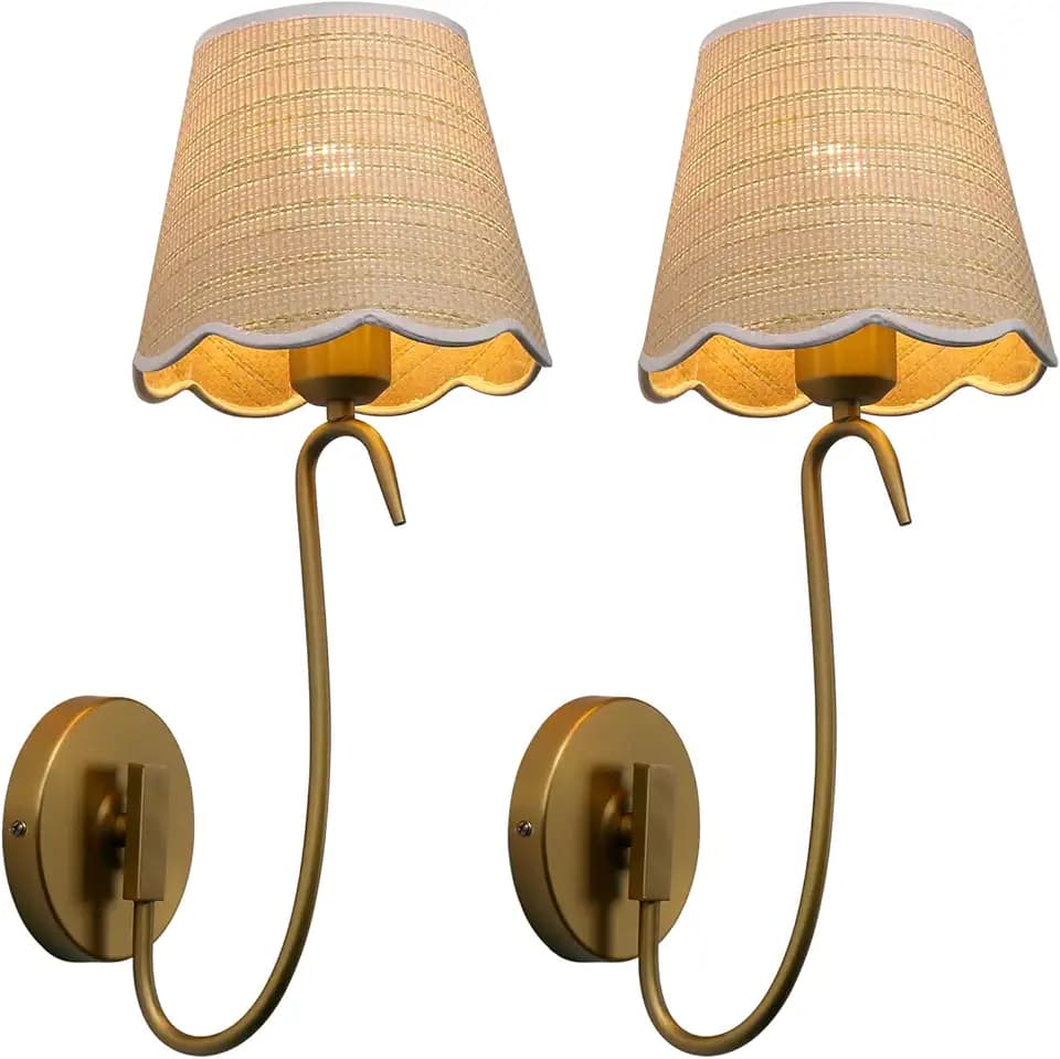 Swan Neck Vintage Brass Sconces Wall Decor Set of 2 Rattan Shade