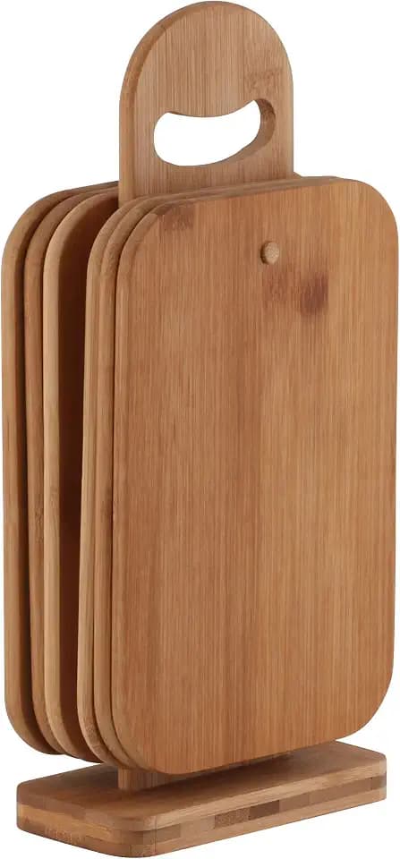 axentia Schneidebrett-Set 7 teilig [ca. 22 x 15 x 0,8 cm] - 6 Schneidebretter aus Bambus-Holz - Schneidebrett Halterung mit Frühstücksbrettchen