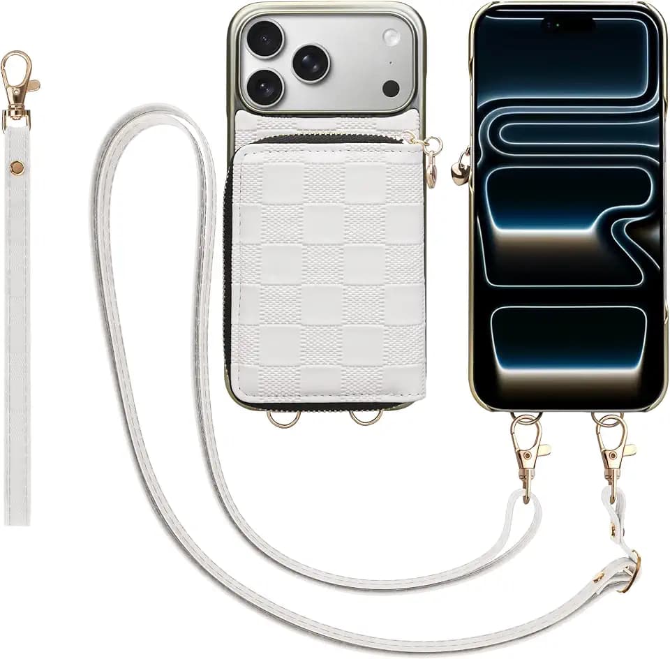 for iPhone 18 Pro Max/iPhone 17 Pro Max 6.9'' Wallet Case, Crossbody Zipper Purse with 4 Card Slots RFID Blocking, Lanyards & Wrist Straps, Flip Leather Folio Cover with Kickstand, White
