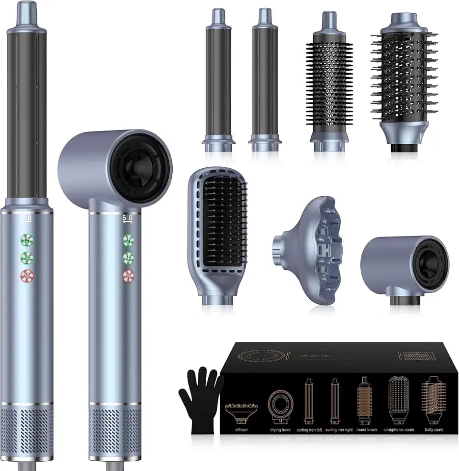 OKWRAP Haarstyler Hair Styler Set 7 in 1 Hairstyler With 110000 U/Min Hochtouriger Motor Haartrockner Warmluftbürste 320 Millions lonic Rundbürstenföhn Mit lockenstab mit luft Glättbürste Licht Leise